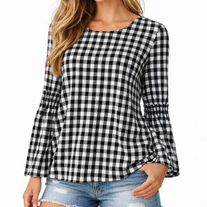 beachlunchlounge Black and White Gingham Pullover Bell Sleeve Womens Size L